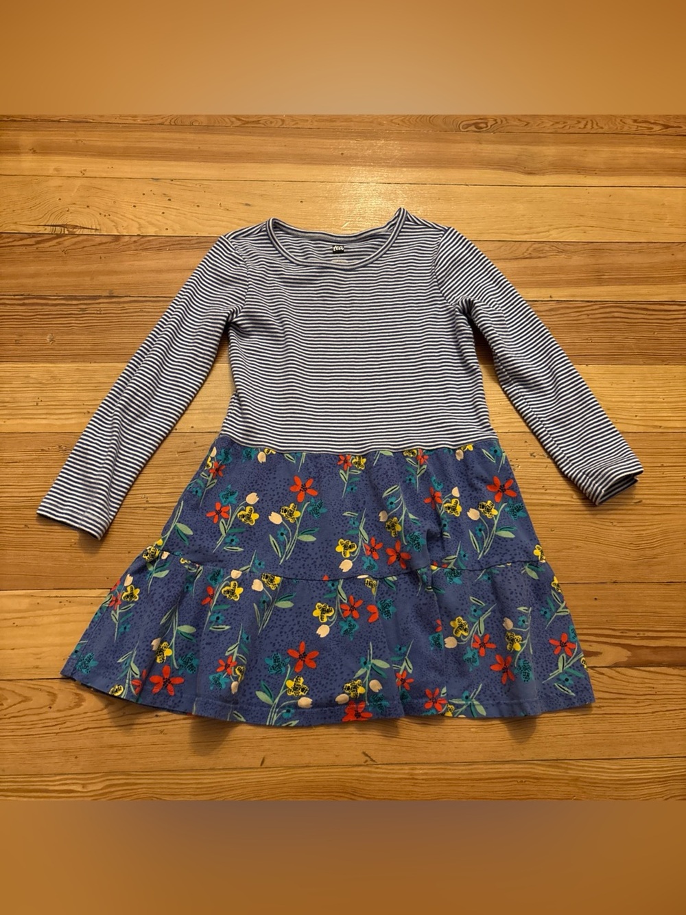 Tea Collection Tiered Skirted Twirl Dress Sz 6 Striped Floral Long Sleeve